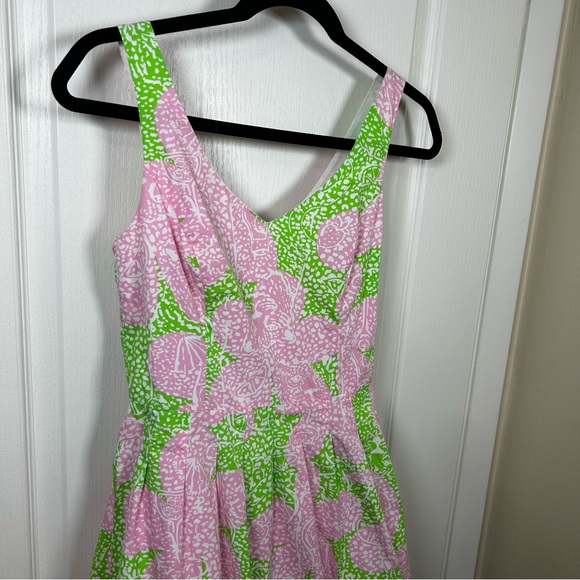 Lilly Pulitzer Dress Sz 0 Mini Green Pink Floral Fit & Flare A Line fully lined - Picture 5 of 12